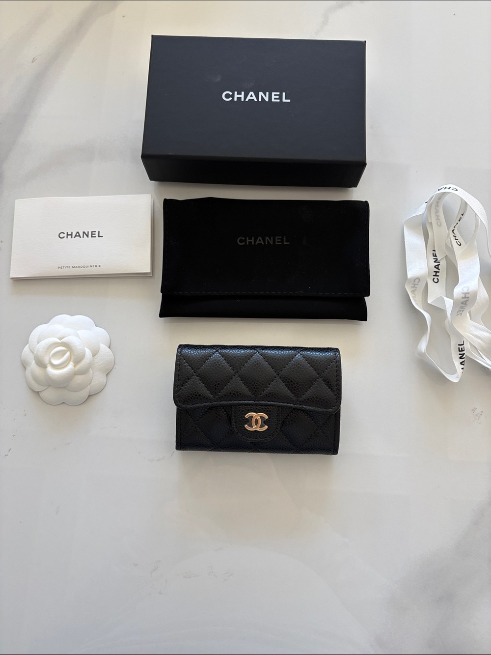 New CHANEL cavier  Black Quilted Leather Cardholder with Gold CC
